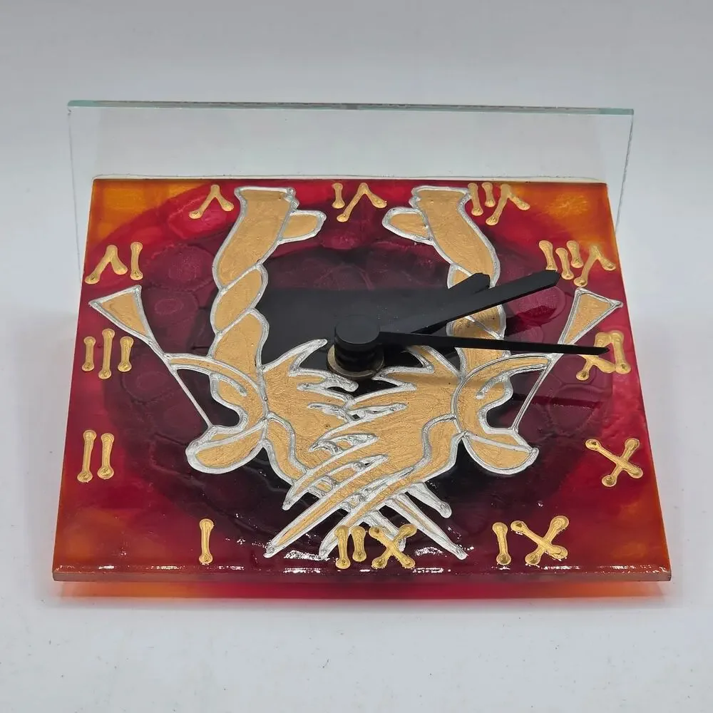 Hand Painted Glass Desk Clock Golden Trumpeting Angels Colorful Red Square Art
